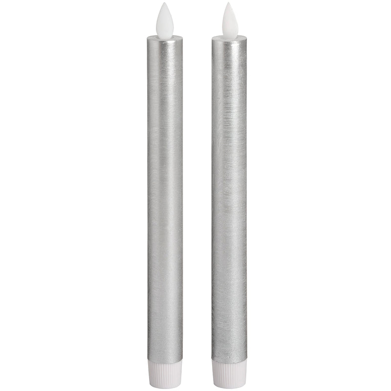 Pair Of Silver Luxe Flickering Flame LED Wax Dinner Candles