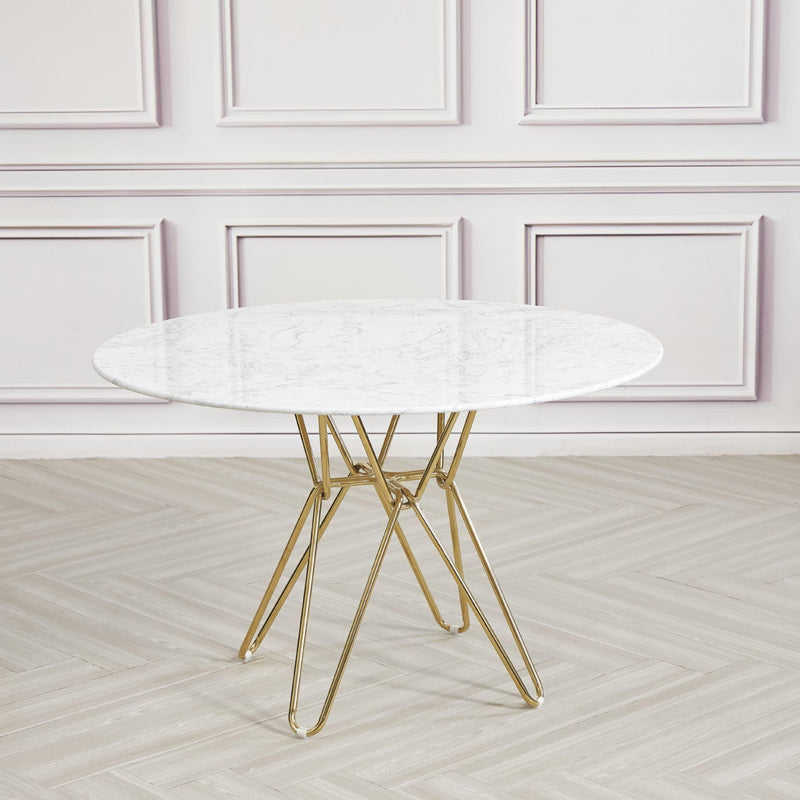 120 cm White Round Marble Dining Table with Gold Hairpin Style Leg - Punchard Home