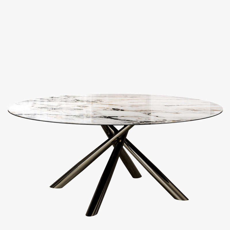 Okato White Round Sintered Stone Dining Table with shiny black legs